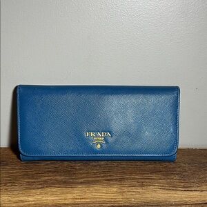 Prada Blue Leather Long Wallet Double Snaps